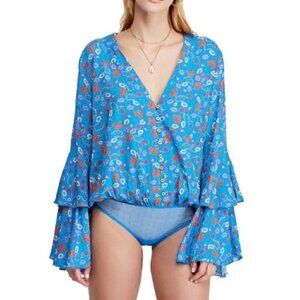 Free People She's Dainty Bell-Sleeve Bodysuit  Blue floral Combo Sz XS